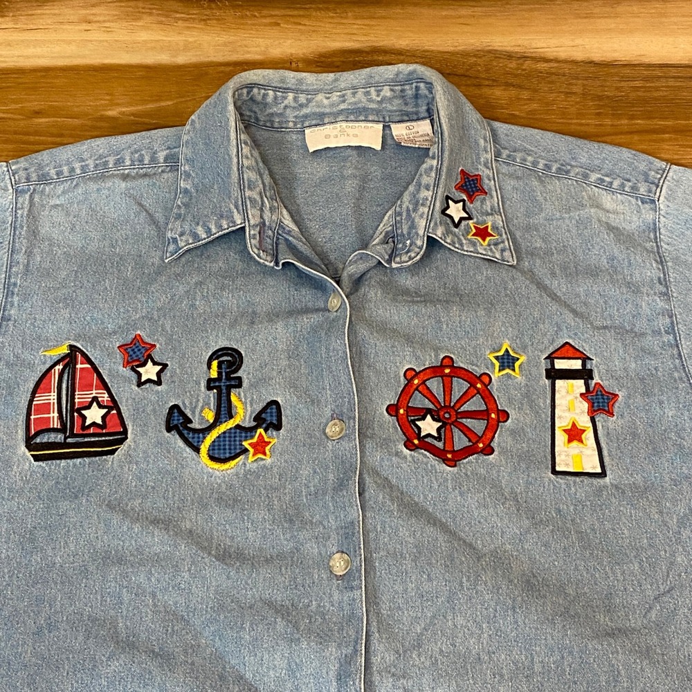 Christopher Banks Nautical Theme Denim Button Up Shirt Women's Large Size L